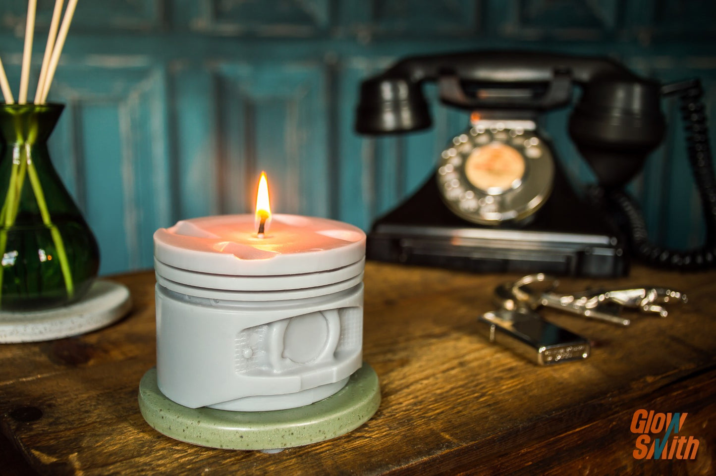 Dark Opium Engine Piston Candle viewed from the right side in a masculine setting with car-inspired décor, the perfect gift for petrolheads and car lovers.