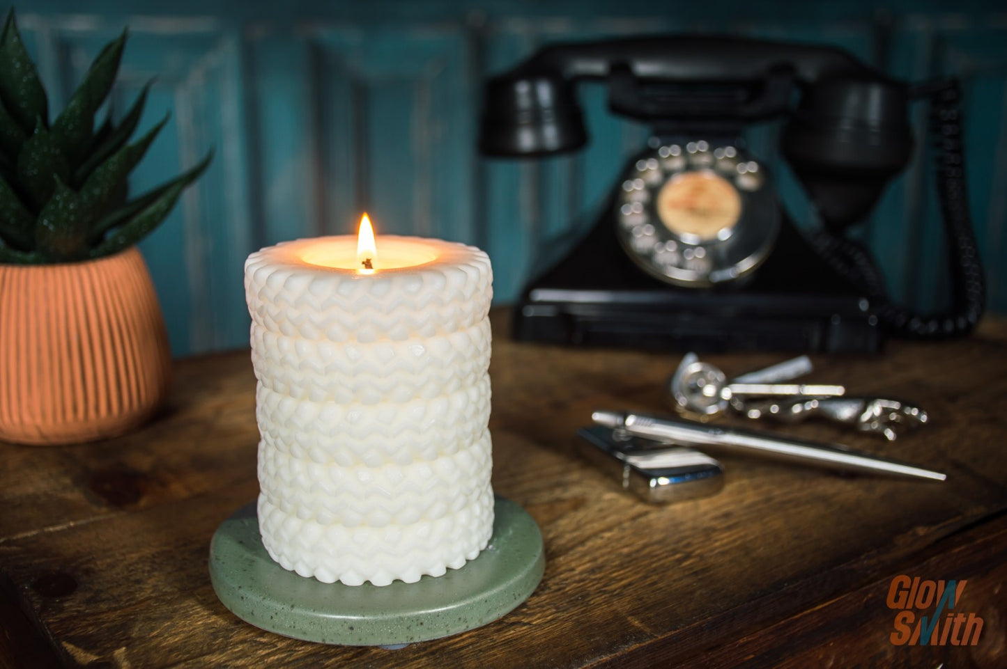 Fresh Linen Tyre Stack candle burning in a camper van – white sculptural candle, automotive-inspired décor, refreshing fragrance