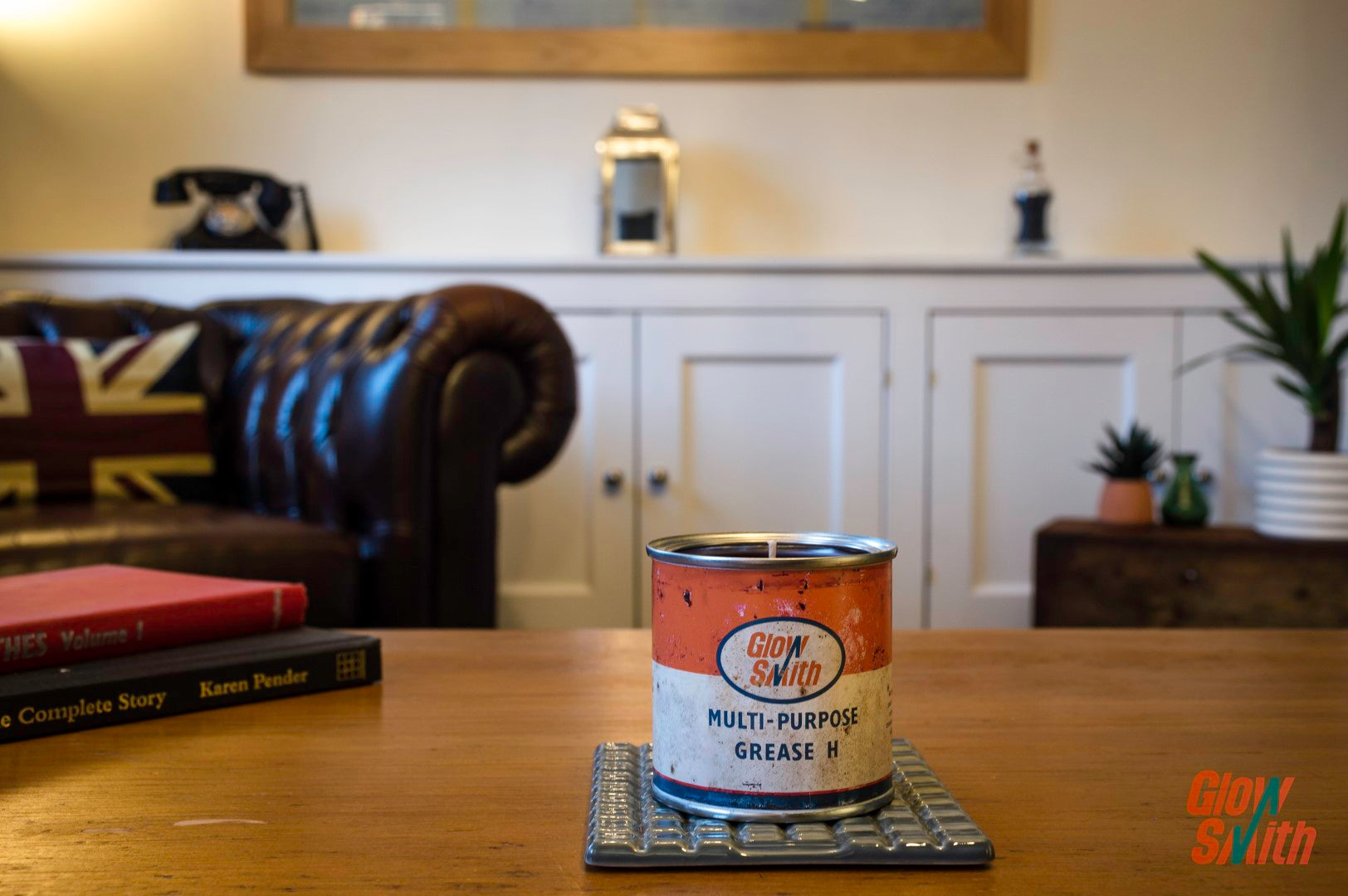 Glowsmith Small Grease Tin Candle in Wild Pomegranate, a unique classic car gift.