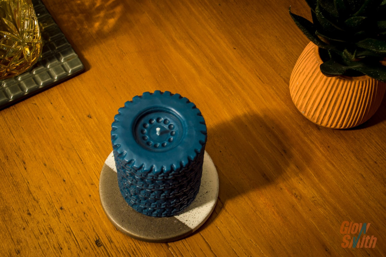 Close-up of Nordic Pine Tyre Stack candle – blue sculptural candle, unique Glowsmith wax blend, invigorating pine fragrance, ideal gift for him