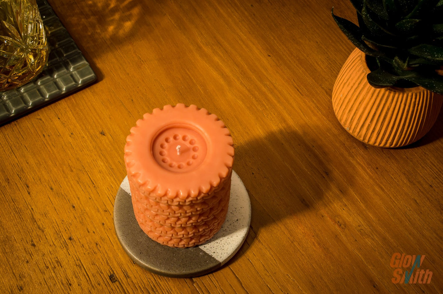 Close-up of Spiced Orange Tyre Stack candle – orange sculptural candle, unique Glowsmith wax blend, warm spiced fragrance, ideal gift for him