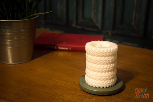 Fresh Linen Tyre Stack candle displayed in a camper van – statement piece, automotive-inspired décor, masculine scented candle